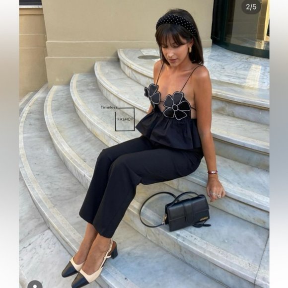 ZARA RHINESTONE FLORAL POPLIN TOP - Picture 2 of 13